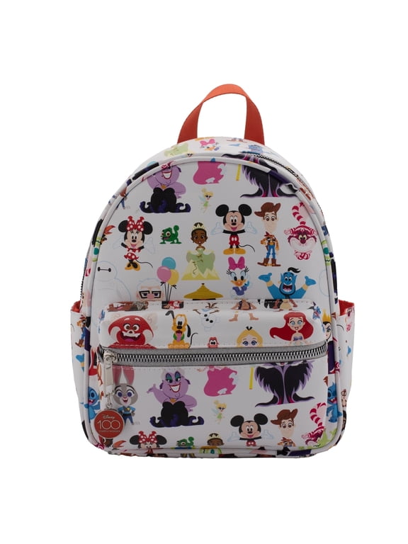 10.5" Multi Character Allover Print & Molded Metal Logo Charm Faux Leather Mini Backpack, Multicolor
