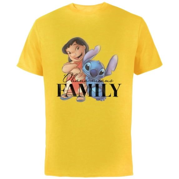 Disney 100 Anniversary Lilo & Stitch D100 Quote ‘Ohana - Short Sleeve Cotton T-Shirt for Adults - Customized-Yellow