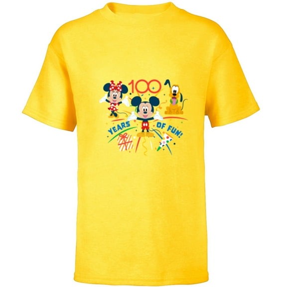 Disney 100 Anniversary Mickey Minnie Pluto 100 Years of Fun - Short Sleeve T-Shirt for Kids - Customized-Yellow