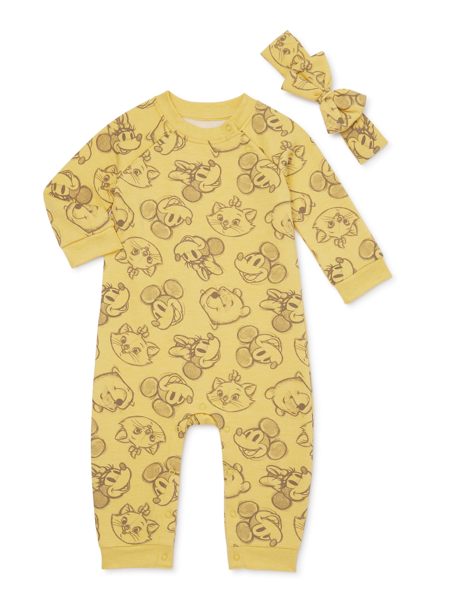 Disney 100 Baby Girls Long Sleeve Romper and Headband, 2-Piece Set, Sizes 0/3 Months-24 Months