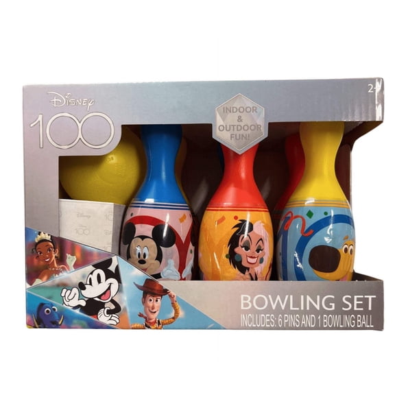 Disney 100 Bowling Set includes 6 Pins and 1 Bowling Ball