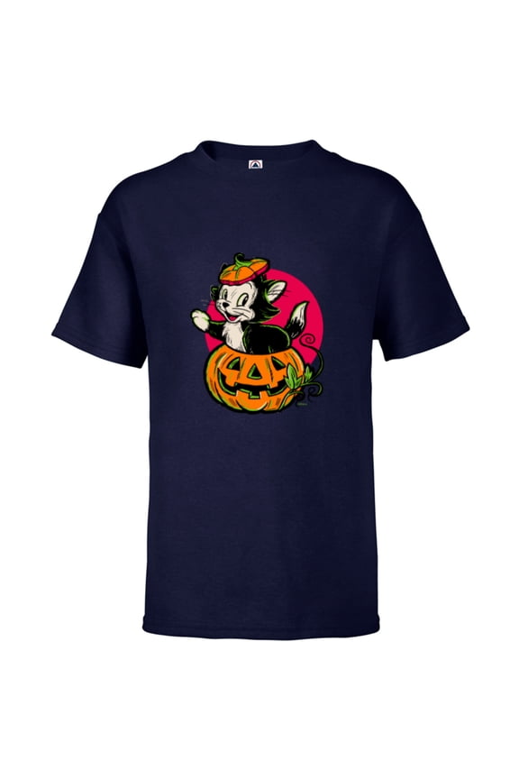 Disney 100 Figaro Jack-o’-Lantern Classic Halloween D100 - Short Sleeve T-Shirt for Kids - Customized-Athletic Navy