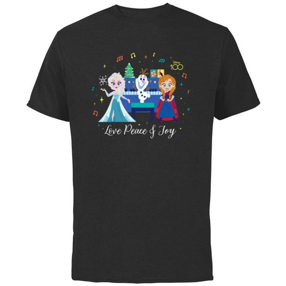 Disney 100 Frozen Christmas Elsa Anna Olaf Love Peace & Joy - Short Sleeve Cotton T-Shirt for Adults - Customized-Black