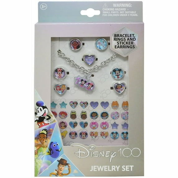 Disney Bracelet, Rings and Sticker Earrings 100 Jewelry Set in Box
