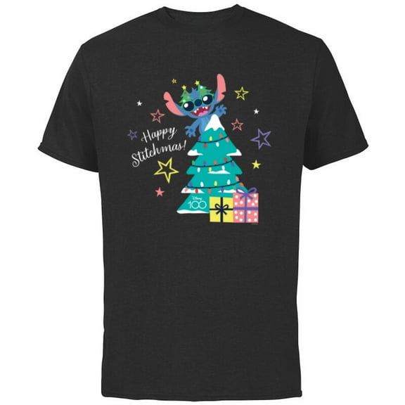 Disney 100 Lilo & Stitch Christmas Happy Stitchmas! - Short Sleeve Cotton T-Shirt for Adults - Customized-Black