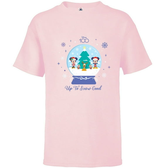 Disney 100 Mickey Minnie Chip Dale Pluto Christmas SnowGlobe - Short Sleeve T-Shirt for Kids - Customized-Soft Pink