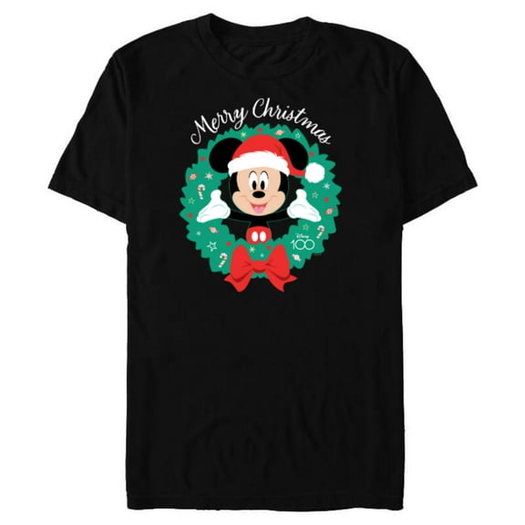 Disney 100 Mickey Mouse Merry Christmas Wreath Holiday D100 - Short Sleeve Blended T-Shirt for Adults - Customized-Black