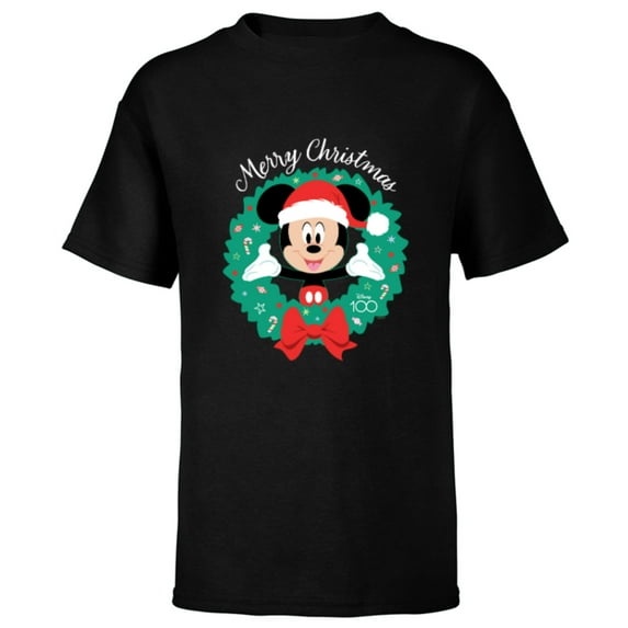 Disney 100 Mickey Mouse Merry Christmas Wreath Holiday D100 - Short Sleeve T-Shirt for Kids - Customized-Black