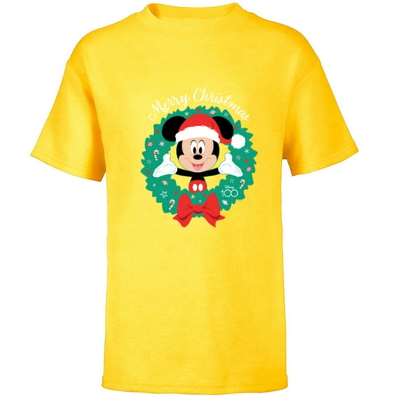 Disney 100 Mickey Mouse Merry Christmas Wreath Holiday D100 - Short Sleeve T-Shirt for Kids - Customized-Yellow