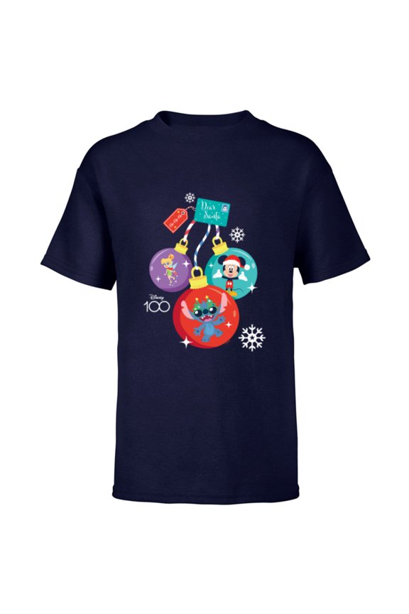 Disney 100 Mickey Stitch Tinker Bell Christmas Ornaments - Short Sleeve T-Shirt for Kids - Customized-Navy