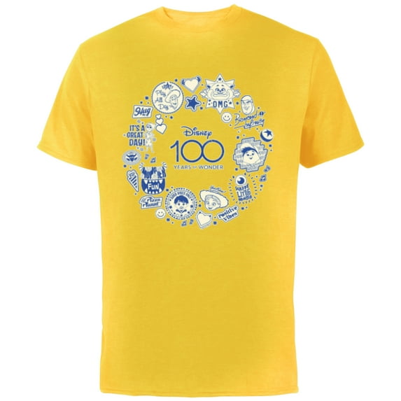 Disney 100 Pixar Happy Faces Blue Sticker Circle D100 - Short Sleeve Cotton T-Shirt for Adults - Customized-Yellow
