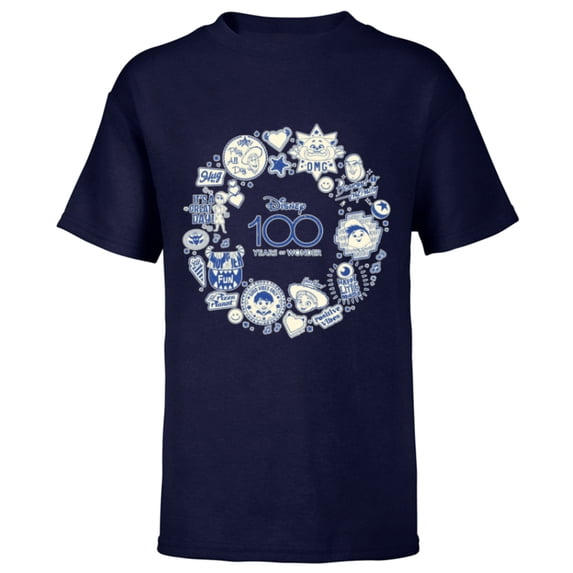 Disney 100 Pixar Happy Faces Blue Sticker Circle D100 - Short Sleeve T-Shirt for Kids - Customized-Navy