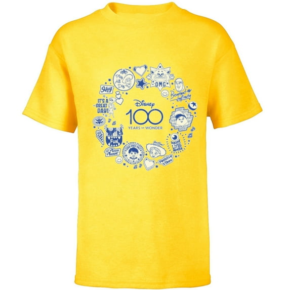 Disney 100 Pixar Happy Faces Blue Sticker Circle D100 - Short Sleeve T-Shirt for Kids - Customized-Yellow