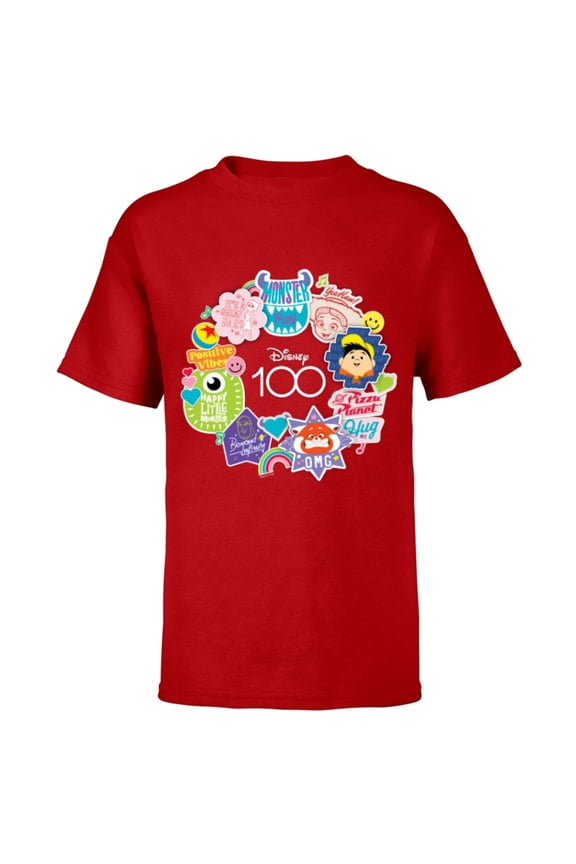 Disney 100 Pixar Happy Faces Sticker Circle D100 - Short Sleeve T-Shirt for Kids - Customized-Red