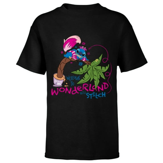 Disney 100 Stitch in Costume Cheshire Cat Wonderland Welcome - Short Sleeve T-Shirt for Kids - Customized-Black