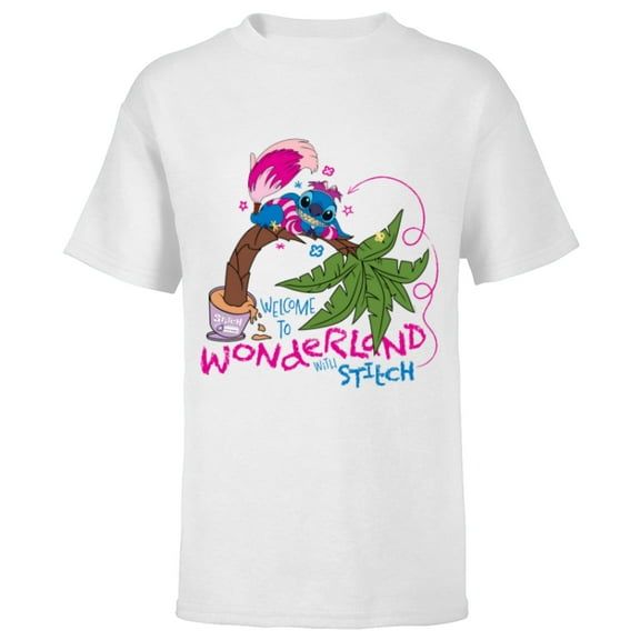 Disney 100 Stitch in Costume Cheshire Cat Wonderland Welcome - Short Sleeve T-Shirt for Kids - Customized-White