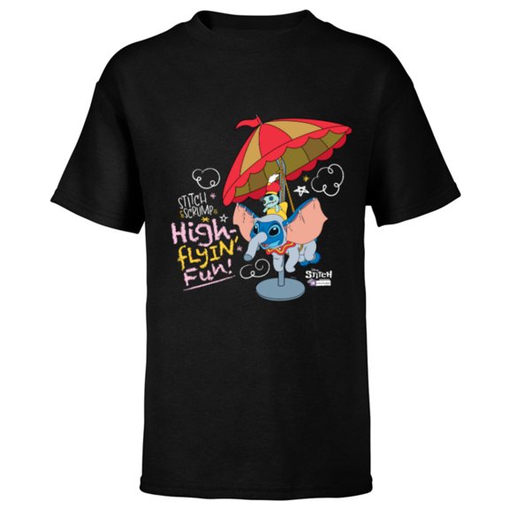 Disney 100 Stitch in Costume Dumbo High-Flyin' Fun & Scrump - Short Sleeve T-Shirt for Kids - Customized-Black