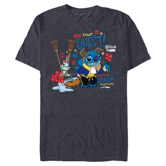 Disney 100 Stitch in Costume The Beast Be Our Guest & Scrump - Short Sleeve Blended T-Shirt for Adults - Customized-Navy Heather