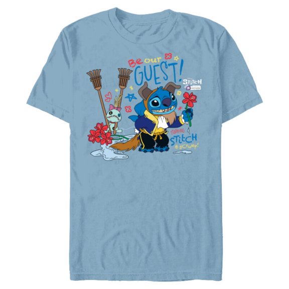 Disney 100 Stitch in Costume The Beast Be Our Guest & Scrump - Short Sleeve Blended T-Shirt for Adults - Customized-Ocean Blue
