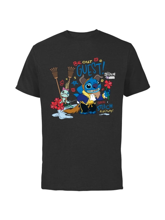Disney 100 Stitch in Costume The Beast Be Our Guest & Scrump - Short Sleeve Cotton T-Shirt for Adults - Customized-Black