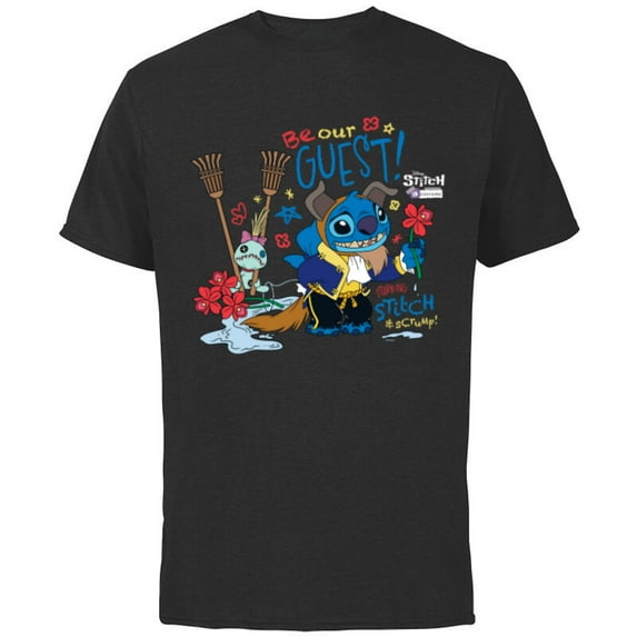 Disney 100 Stitch in Costume The Beast Be Our Guest & Scrump - Short Sleeve Cotton T-Shirt for Adults - Customized-Black