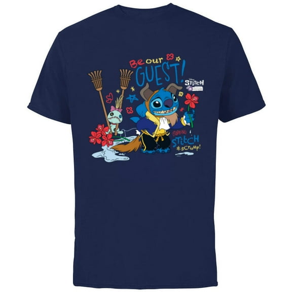 Disney 100 Stitch in Costume The Beast Be Our Guest & Scrump - Short Sleeve Cotton T-Shirt for Adults - Customized-Navy