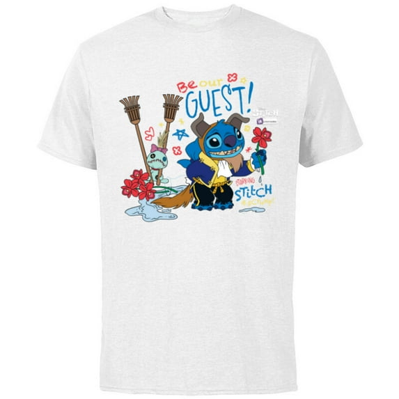 Disney 100 Stitch in Costume The Beast Be Our Guest & Scrump - Short Sleeve Cotton T-Shirt for Adults - Customized-White