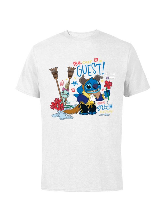Disney 100 Stitch in Costume The Beast Be Our Guest & Scrump - Short Sleeve Cotton T-Shirt for Adults - Customized-White