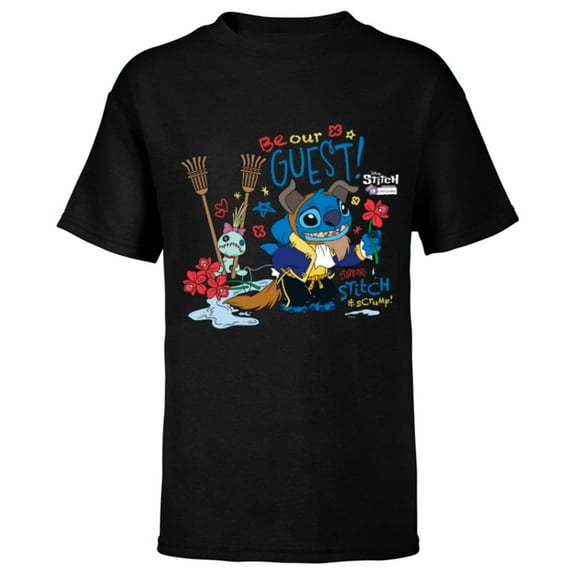 Disney 100 Stitch in Costume The Beast Be Our Guest & Scrump - Short Sleeve T-Shirt for Kids - Customized-Black