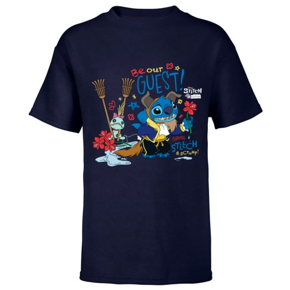 Disney 100 Stitch in Costume The Beast Be Our Guest & Scrump - Short Sleeve T-Shirt for Kids - Customized-Navy