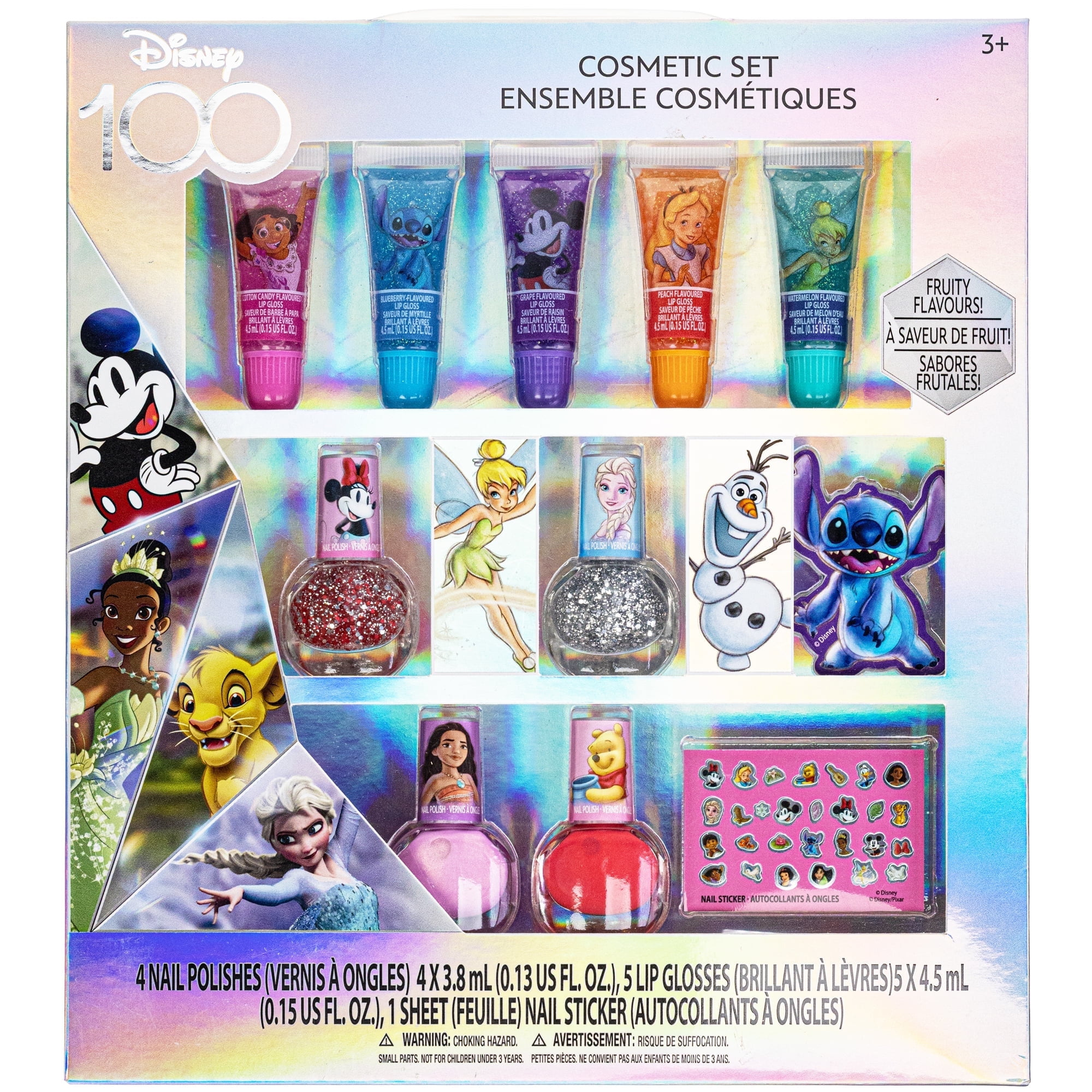 Disney 100 -Townley Girl Sparkly Cosmetic Makeup Set for Girls with Lip Gloss Nail Polish Nail Stickers - 11 Pcs|Perfect for Parties Sleepovers Makeovers| Birthday Gift for Girls 3+