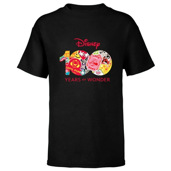 Disney 100 Years of Wonder Logo Happy Faces Stickers D100 - Short Sleeve T-Shirt for Kids - Customized-Black