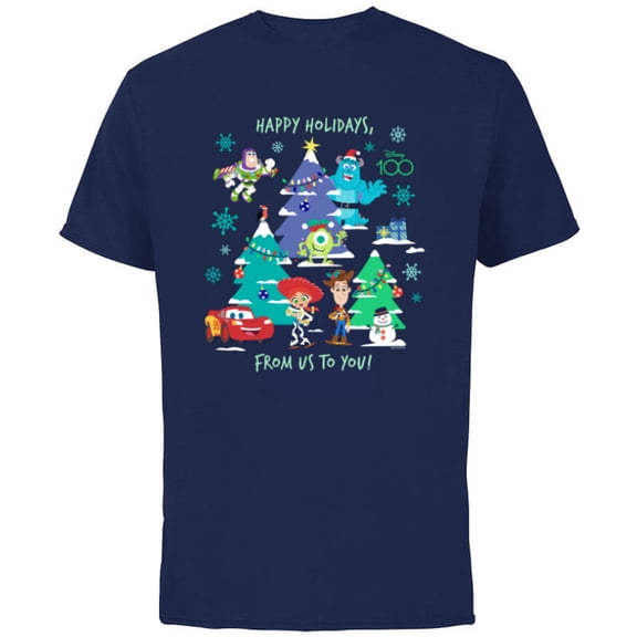 Disney 100 and Pixar Christmas Happy Holidays from Us to You - Short Sleeve Cotton T-Shirt for Adults - Customized-Navy
