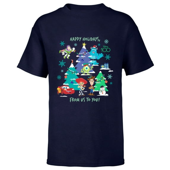Disney 100 and Pixar Christmas Happy Holidays from Us to You - Short Sleeve T-Shirt for Kids - Customized-Navy