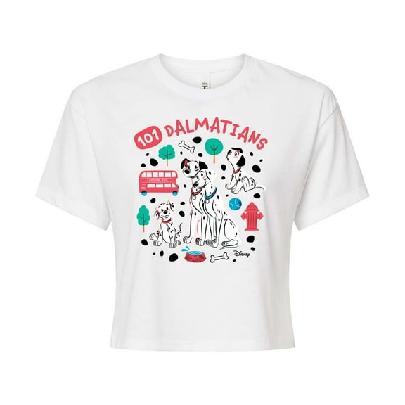 Disney - 101 Dalmatians Animated - Collage of Dalmatian Family - Juniors Cropped Cotton Blend T-Shirt
