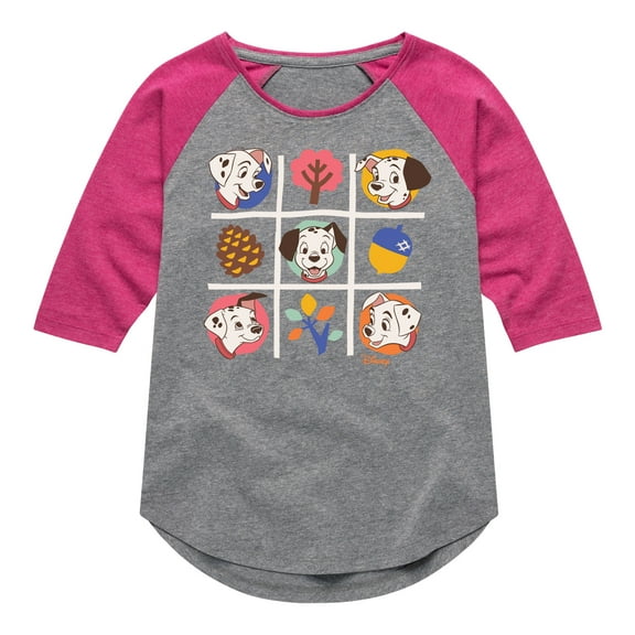 Disney - 101 Dalmatians Animated - Tic Tac Toe Grid of Puppies - Toddler And Youth Girls Raglan Graphic T-Shirt