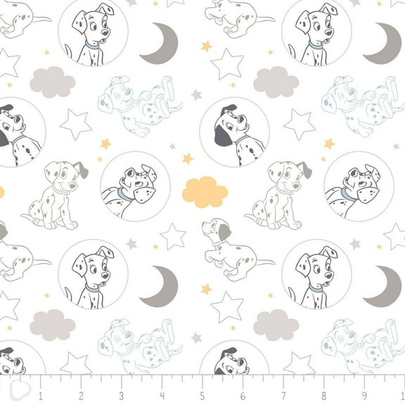 Disney 101 Dalmatians Fabric Time for Bed in White by The Yard