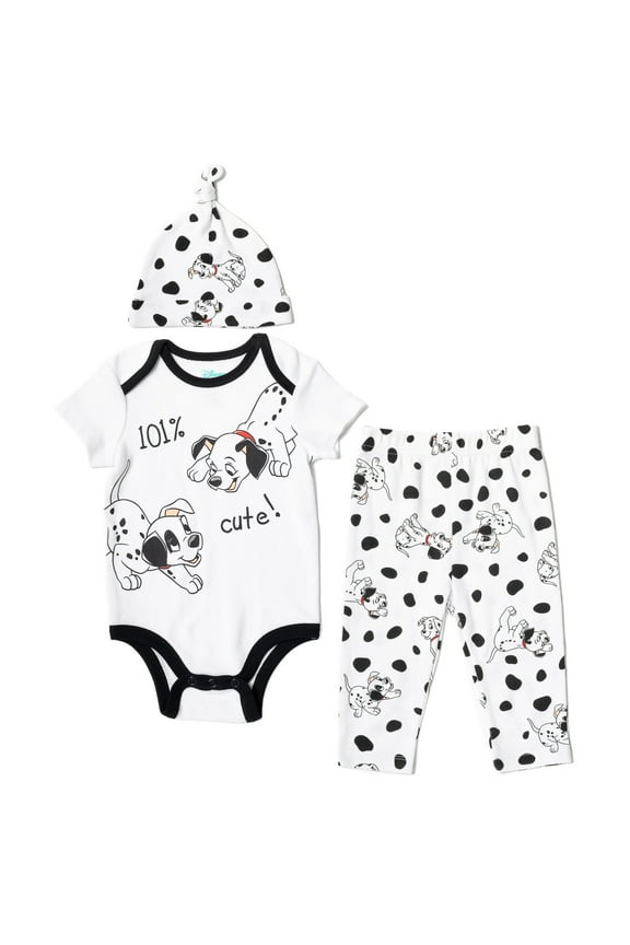 101 Dalmatians Patch Infant Baby Boys Bodysuit Pants and Hat 3 Piece Outfit Set Newborn to Infant