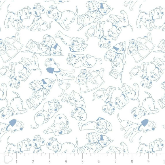 Disney 101 Dalmatians Puppies Dogs Outlines Blue 100% Cotton Fabric by The Yard
