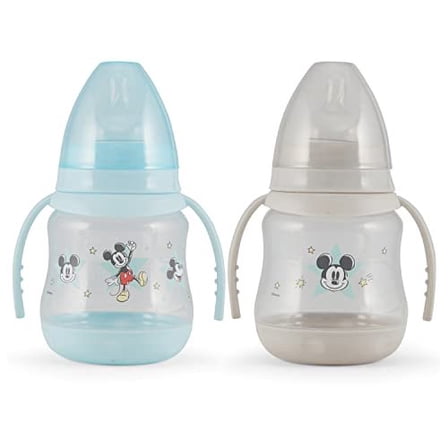 Disney 2 Pack 7 Ounce Baby Bottles with Character Prints and Colored Covers with Double Handle - BPA Free and Easy to Clean
