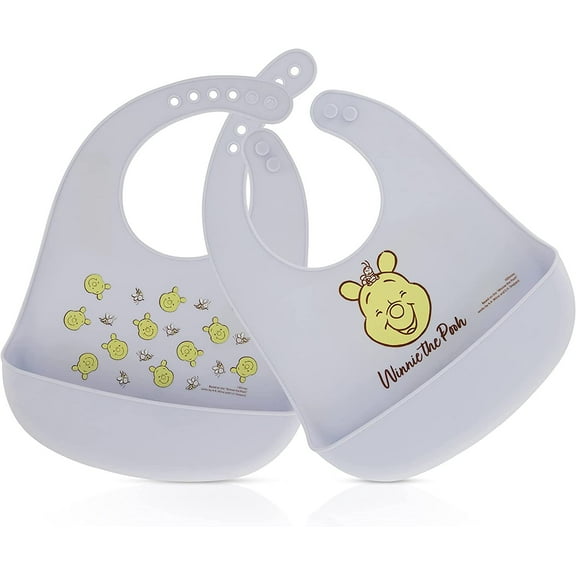 Disney 2-Pack Unisex Baby & Toddler Silicone Bibs with Food Catcher, Soft Waterproof Feeding Accessories Blue/Grey