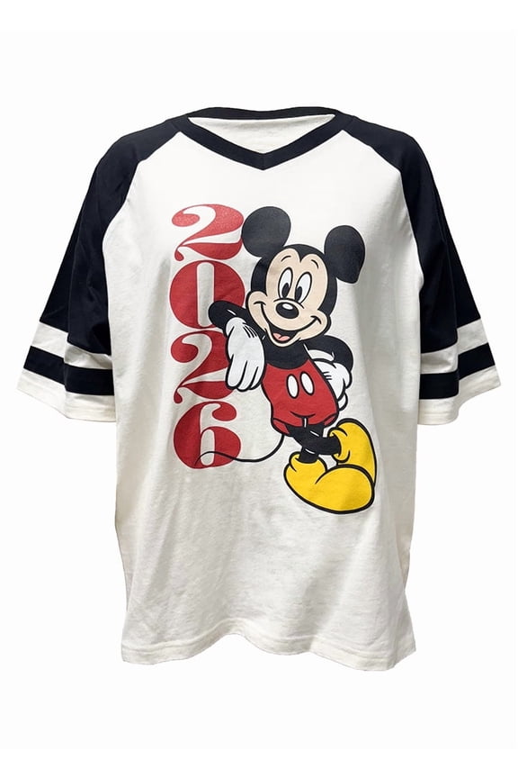 Mickey Mouse 2026 Junior V-Neck Oversize Raglan Top, XS-XL (Women's)