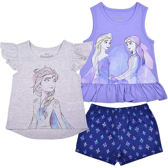 Disney 3 Pack Frozen Girl's Elsa and Anna Short Sleeves Tee, Sleeveless Shirt and Shorts Set, 6 Light Beige