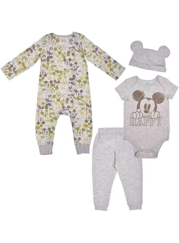 Disney 3 Pack Mickey Mouse Jogger and creepers Set with Cap, Bodysuit Bundle for Baby, Size 9M Off-White