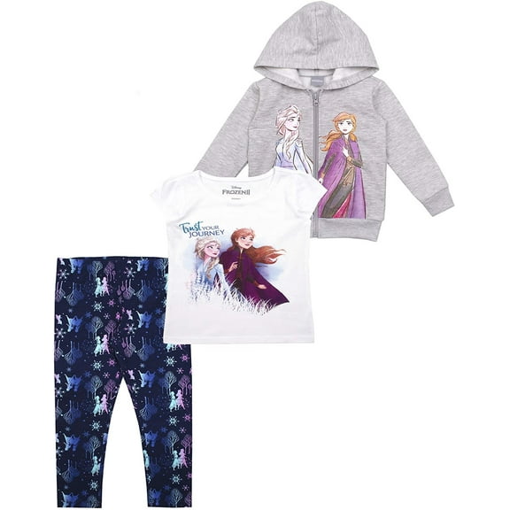 Disney 3-Piece Frozen Leggings Set for Girls with Elsa Shirt and Zip-Up Hoodie