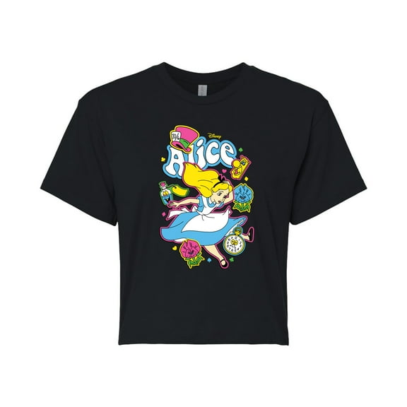 Disney - Alice In Wonderland - Alice Stickers - Juniors Cropped Cotton Blend T-Shirt