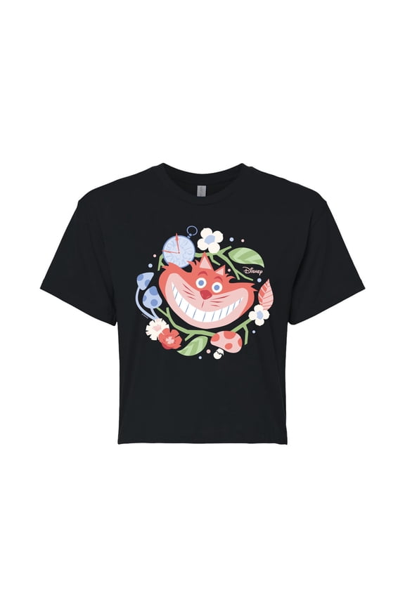 - Alice In Wonderland - Cheshire Cat Circle - Juniors Cropped Cotton Blend T-Shirt