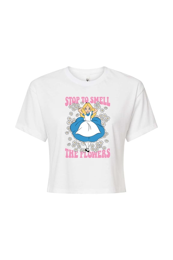 - Alice In Wonderland - Stop To Smell Flowers - Juniors Cropped Cotton Blend T-Shirt