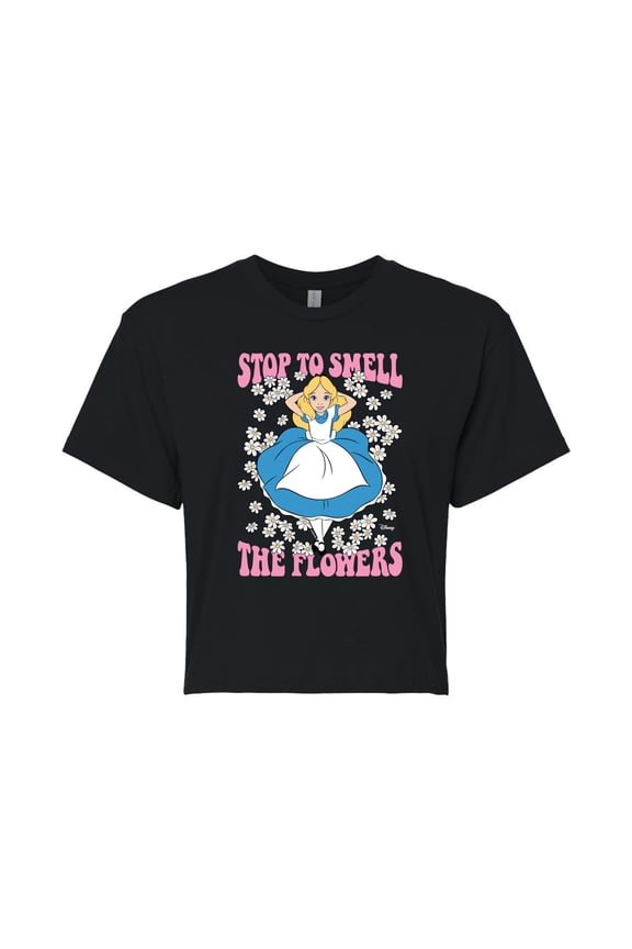 - Alice In Wonderland - Stop To Smell Flowers - Juniors Cropped Cotton Blend T-Shirt