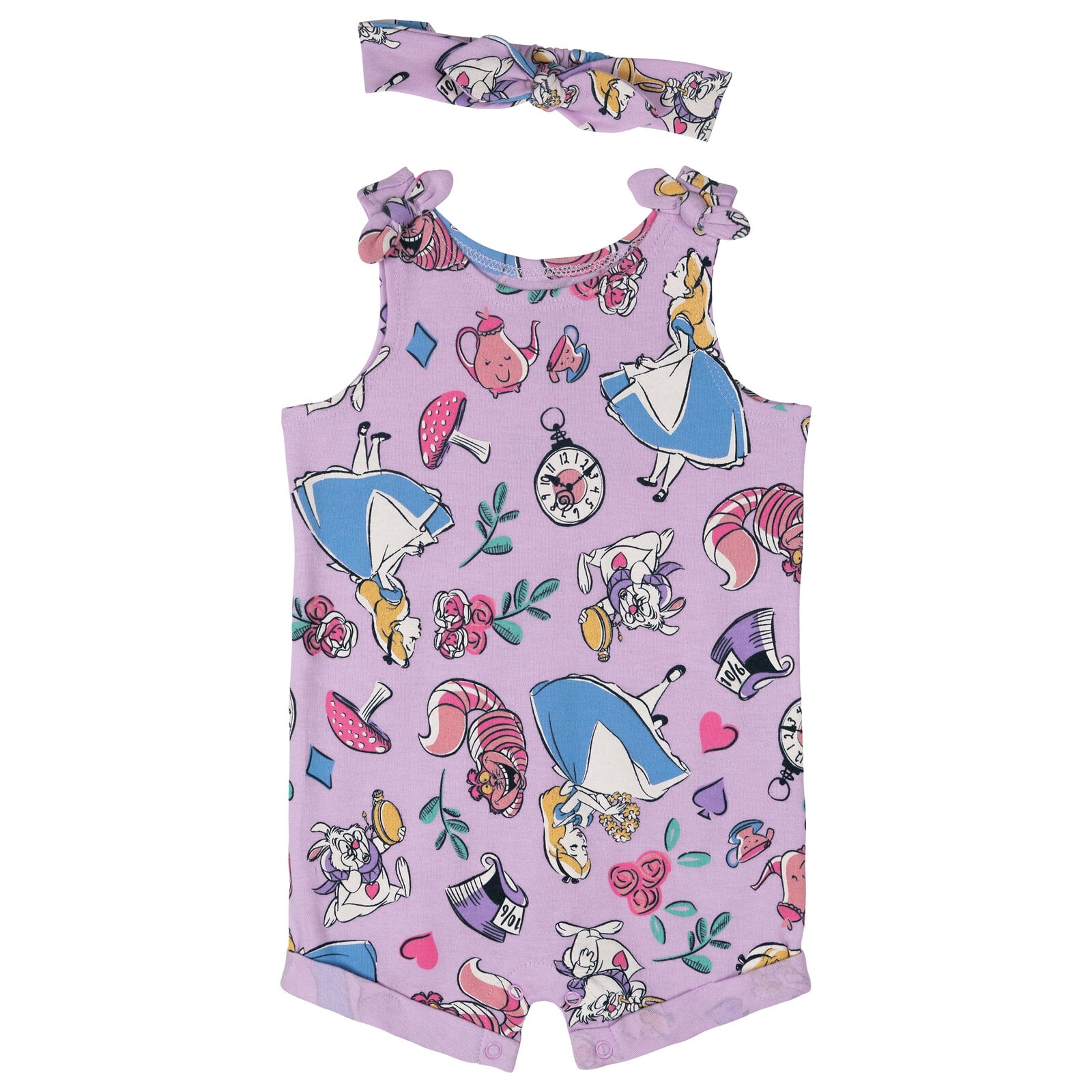 Disney Alice in Wonderland Baby Girls' 2-Piece Sleeveless Romper and Headband Set Wonderland Lavender